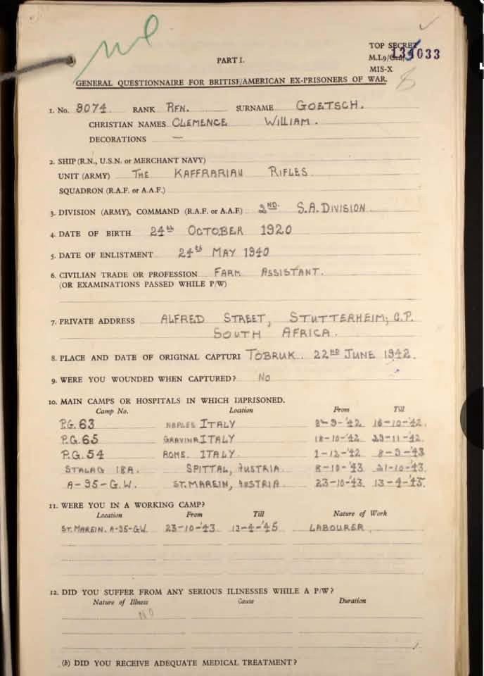 MI9 questionnaire, Part I, in Clem's handwriting