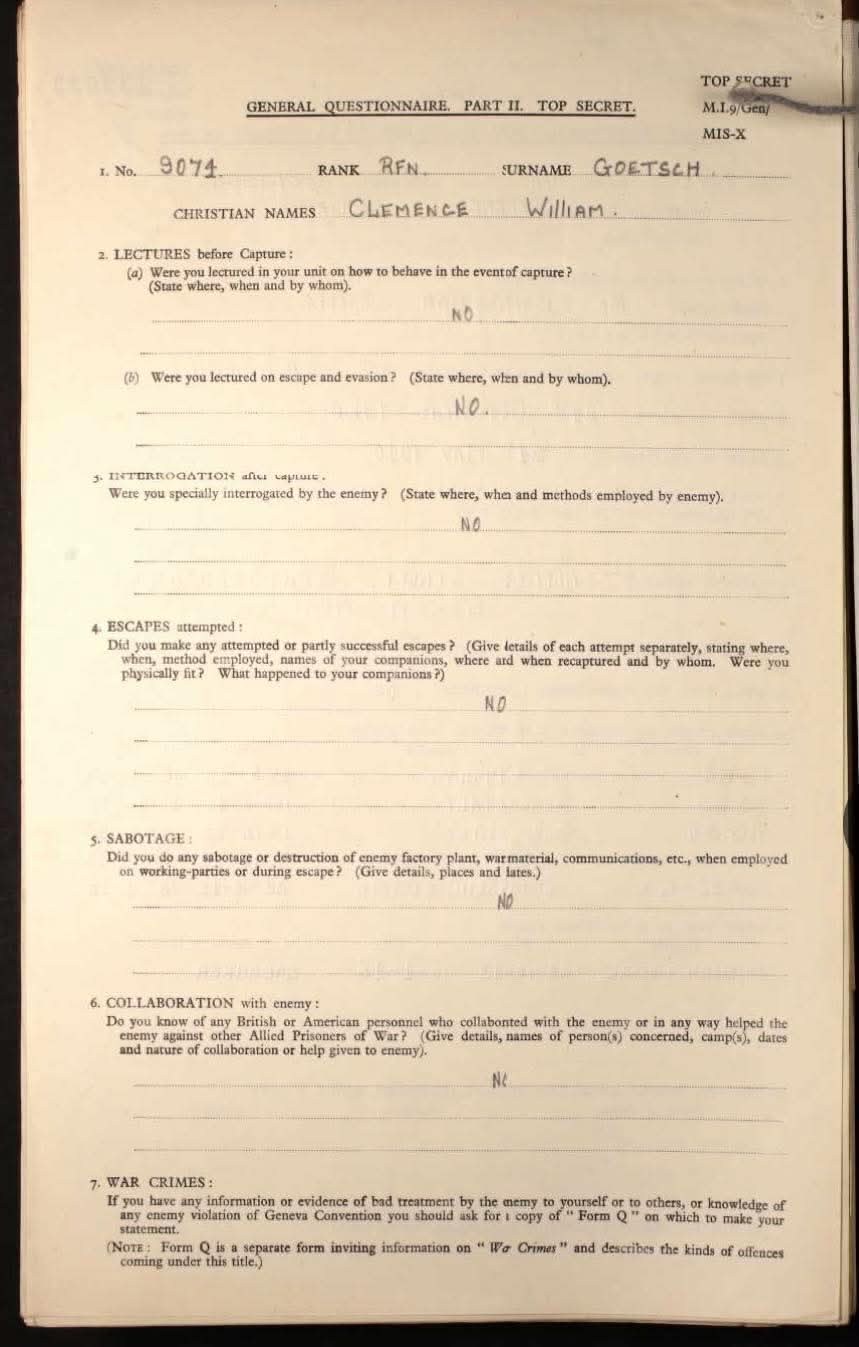 MI9 questionnaire, Part II, answered No on every line